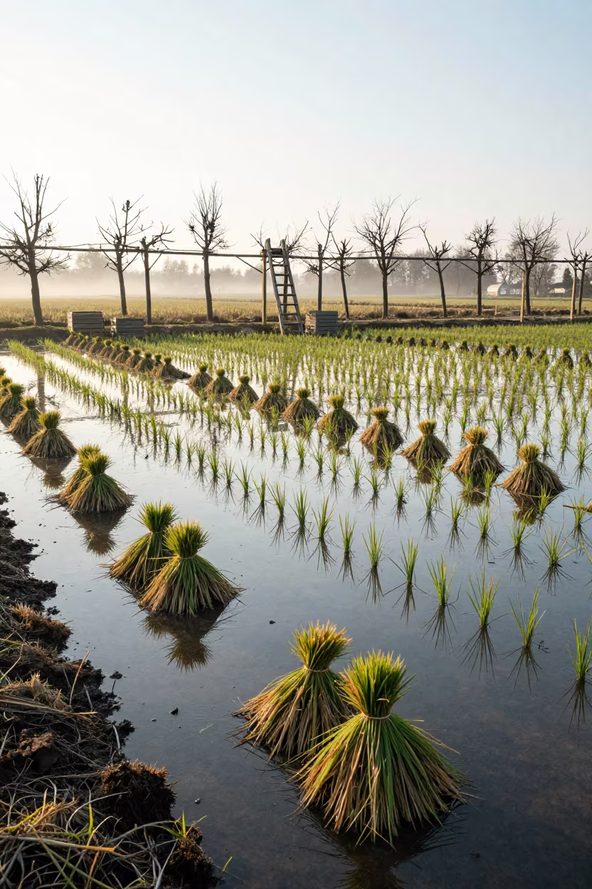 Winter Rice Bundles on Lithuanian Paddy Mist in among orchard ladders and crates in Lithuania