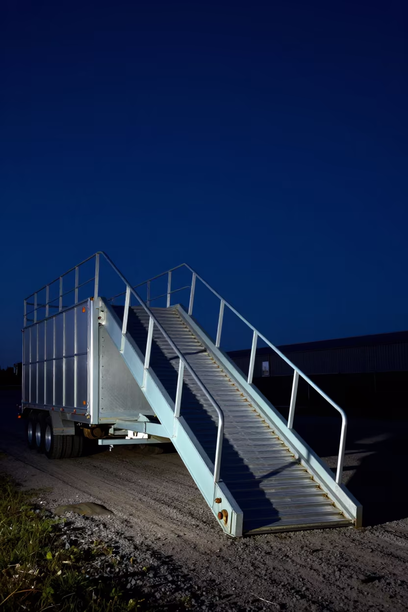Winter Rim Light on Feedlot Trailer Ramp in along a feedlot lane in Canada