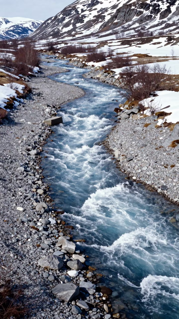 Winter River Braiding Through Norwegian Fjord Floodplain in from a ridge above layered foothills in the Fjords of Norway