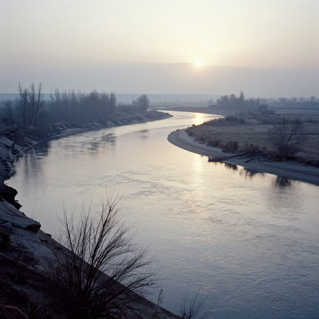 Winter River Dawn at Sulaymaniyah Shore in along a wave-cut shoreline near Sulaymaniyah