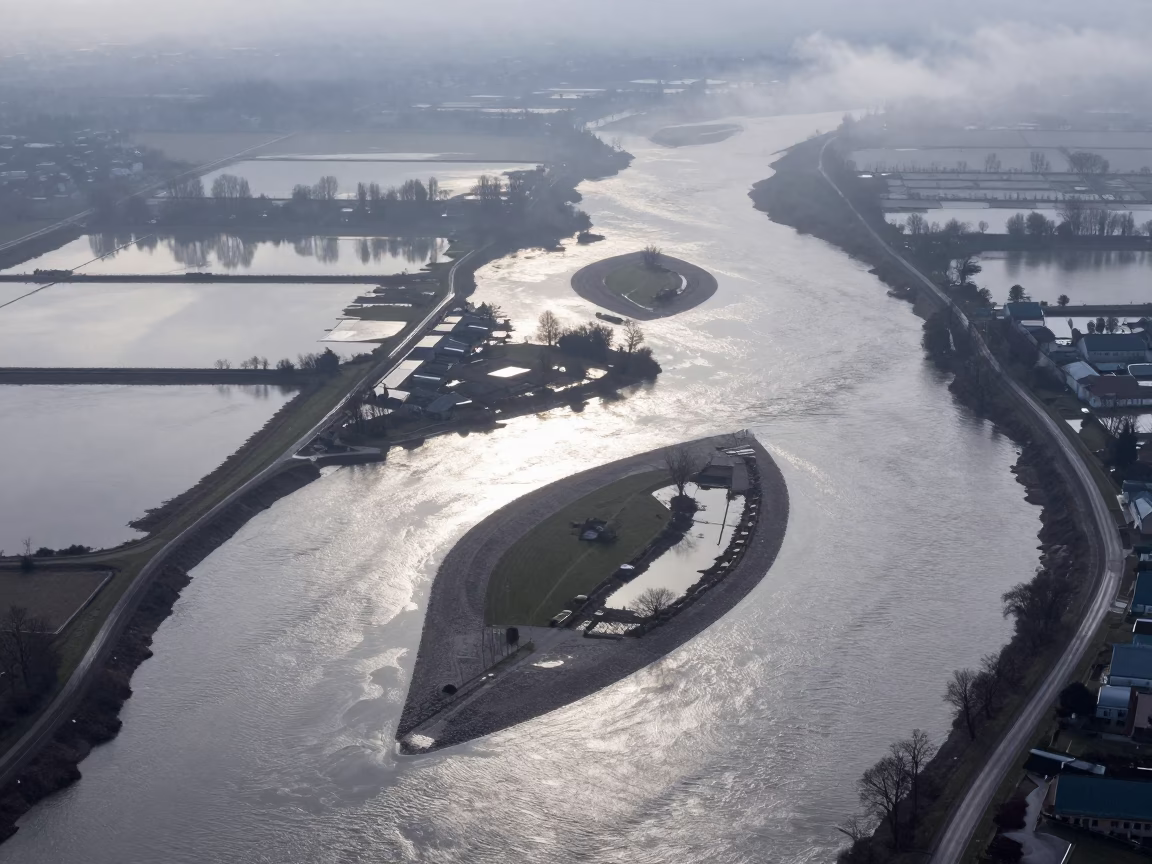 Winter River Islands in Paris Mist in high over salt ponds and causeways near Menilmontant, Paris