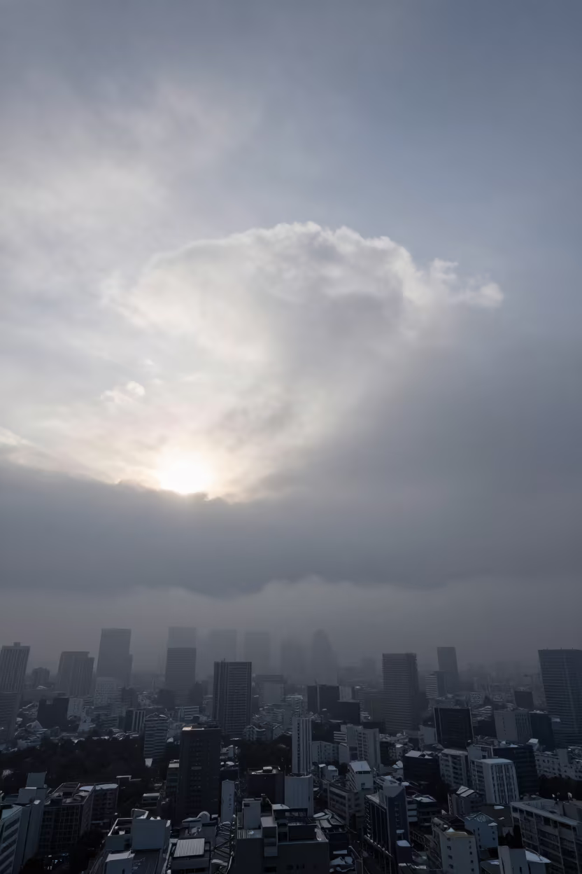 Winter Roll Cloud Over Foggy Tokyo Morning in through low marine fog near Tokyo