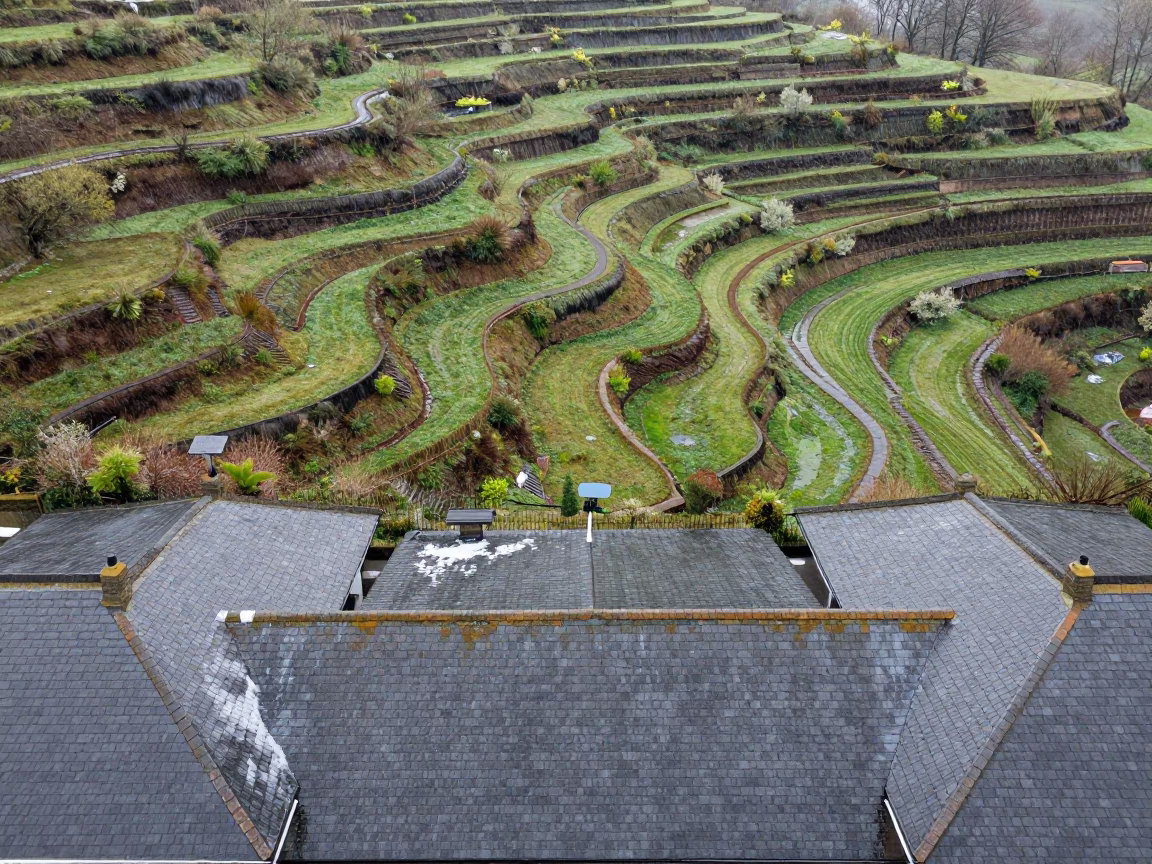 Winter Rooftops Drizzle Aerial View Richmond Hill in far above terraced hillsides near Richmond Hill