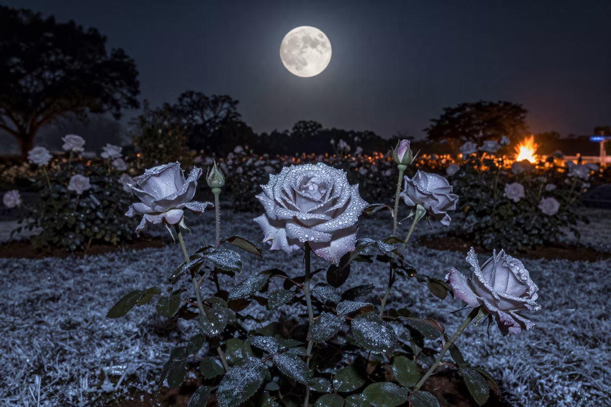 Winter Rose Garden Moon Reflections Brasilia in beneath a hard winter sky over snowfields near Brasilia