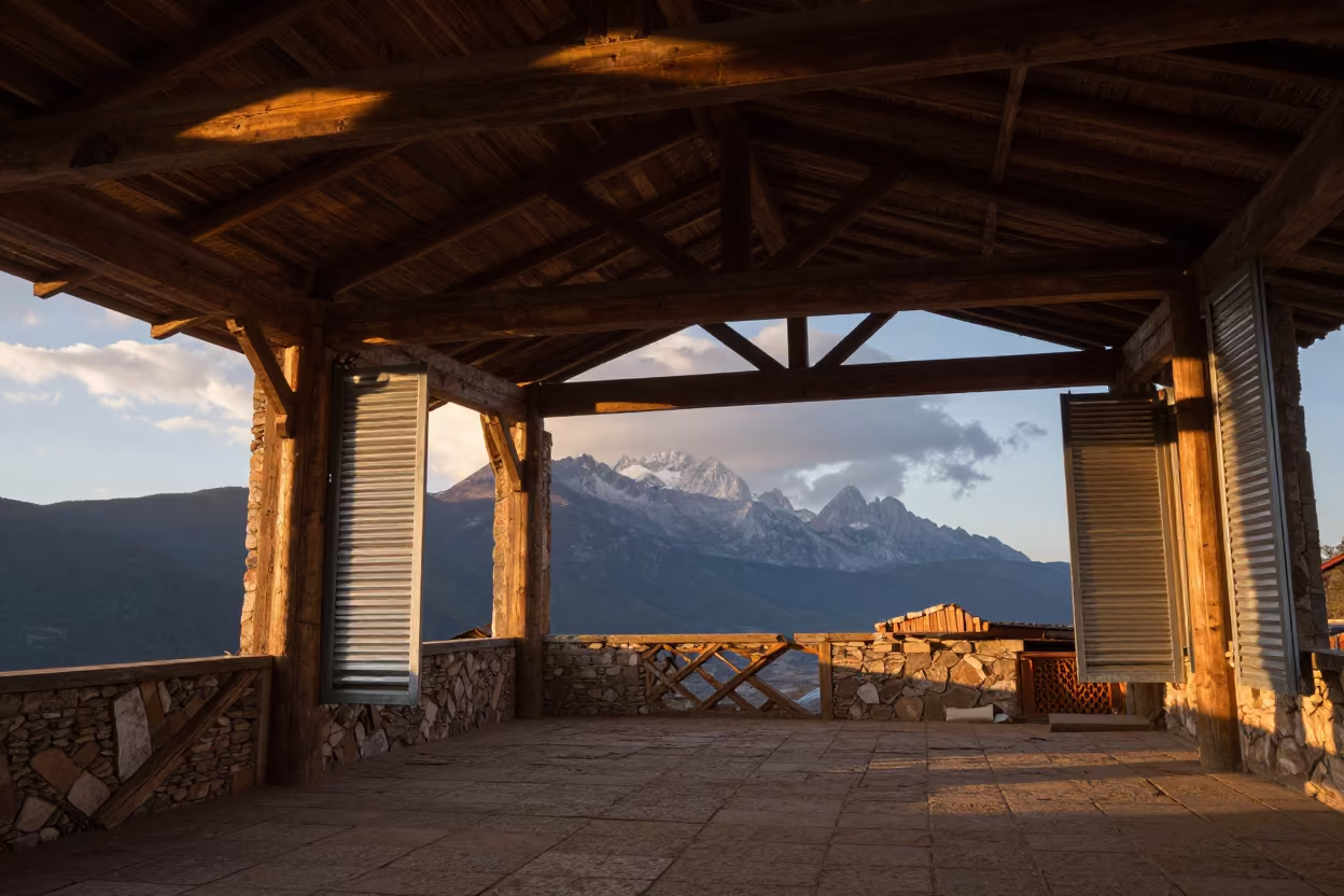 Winter Ruin of Alpine Hotel in Yunnan in inside a roofless nave in Yunnan