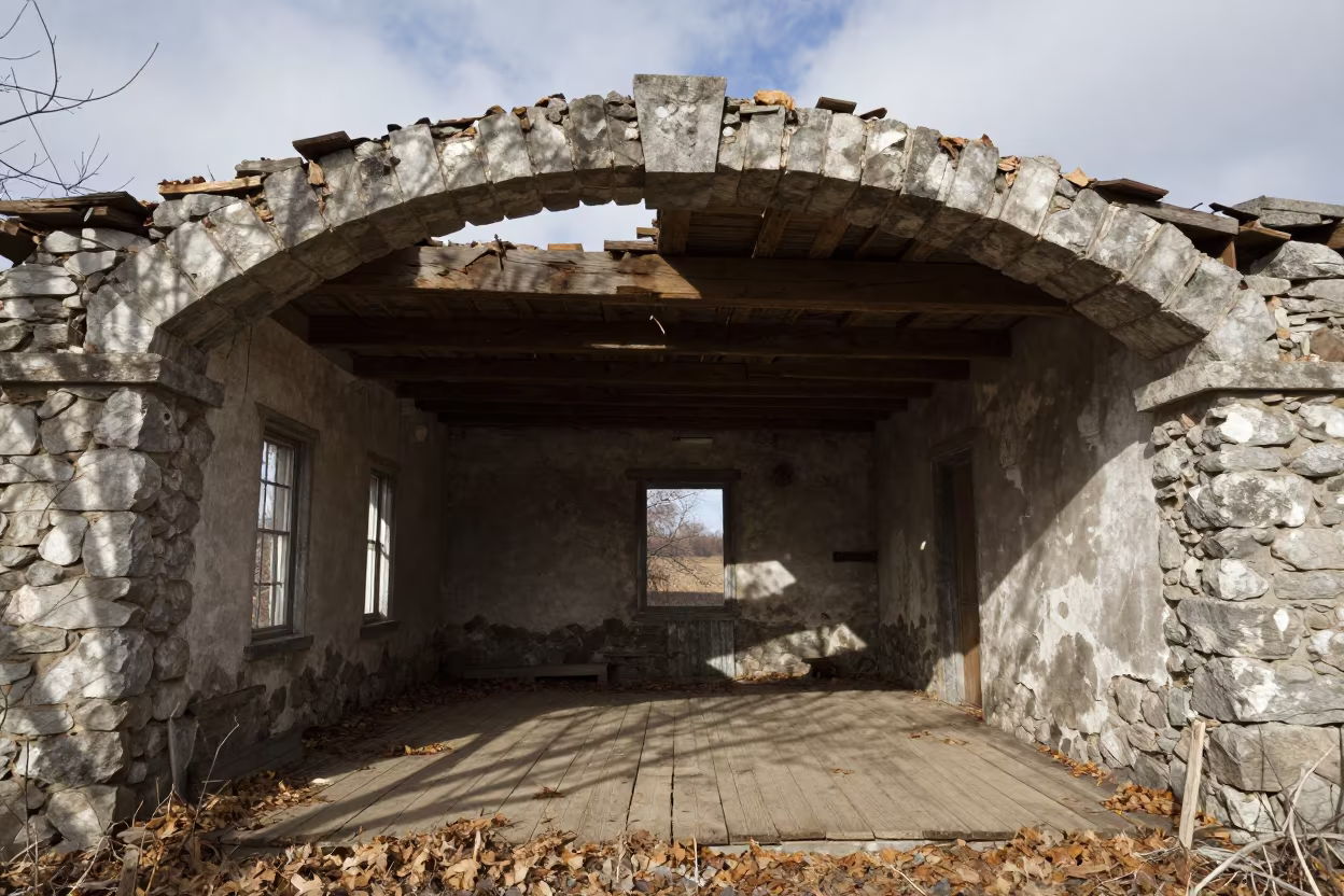 Winter Ruins of a Saloon Under Stone Arch in beneath a broken stone arch near Kota