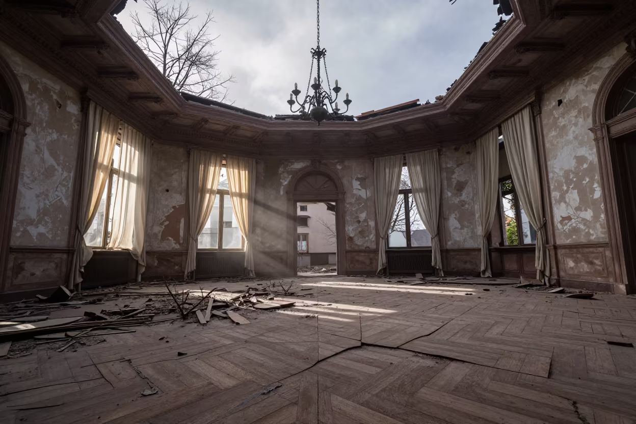Winter Ruins Trees Growing Through Cracked Ballroom Floor in inside a collapsed lobby under broken plaster in Alsace