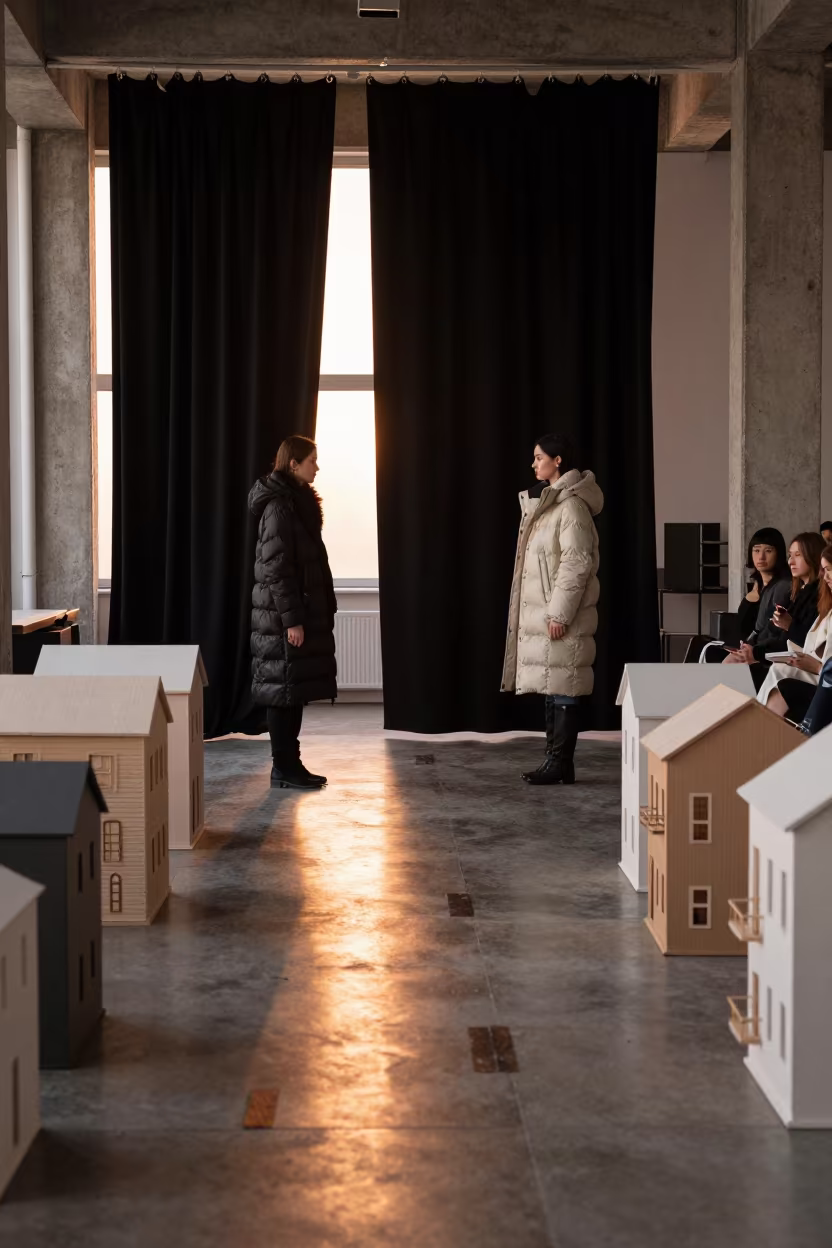 Winter Runway Models Behind Curtain With Tiny Buildings in under runway rehearsal lights near Latina