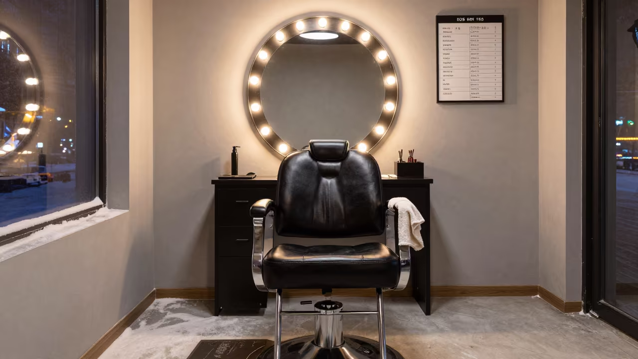 Winter Salon Chair Before First Client in Tianjin in at a barber station beneath mirror bulbs in Tianjin