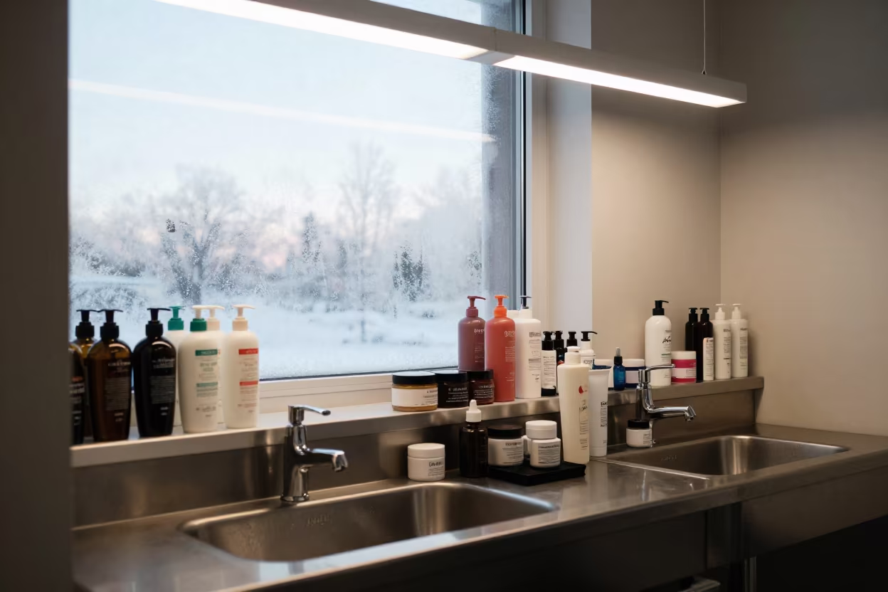 Winter Salon Sink with Shampoos and Jars in in a beauty supply area under white LEDs in Winnipeg