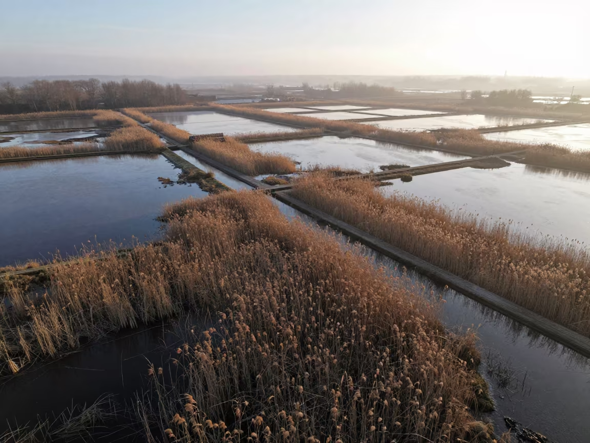 Winter Salt Ponds Leeds Drone View in high over salt ponds and causeways near Leeds