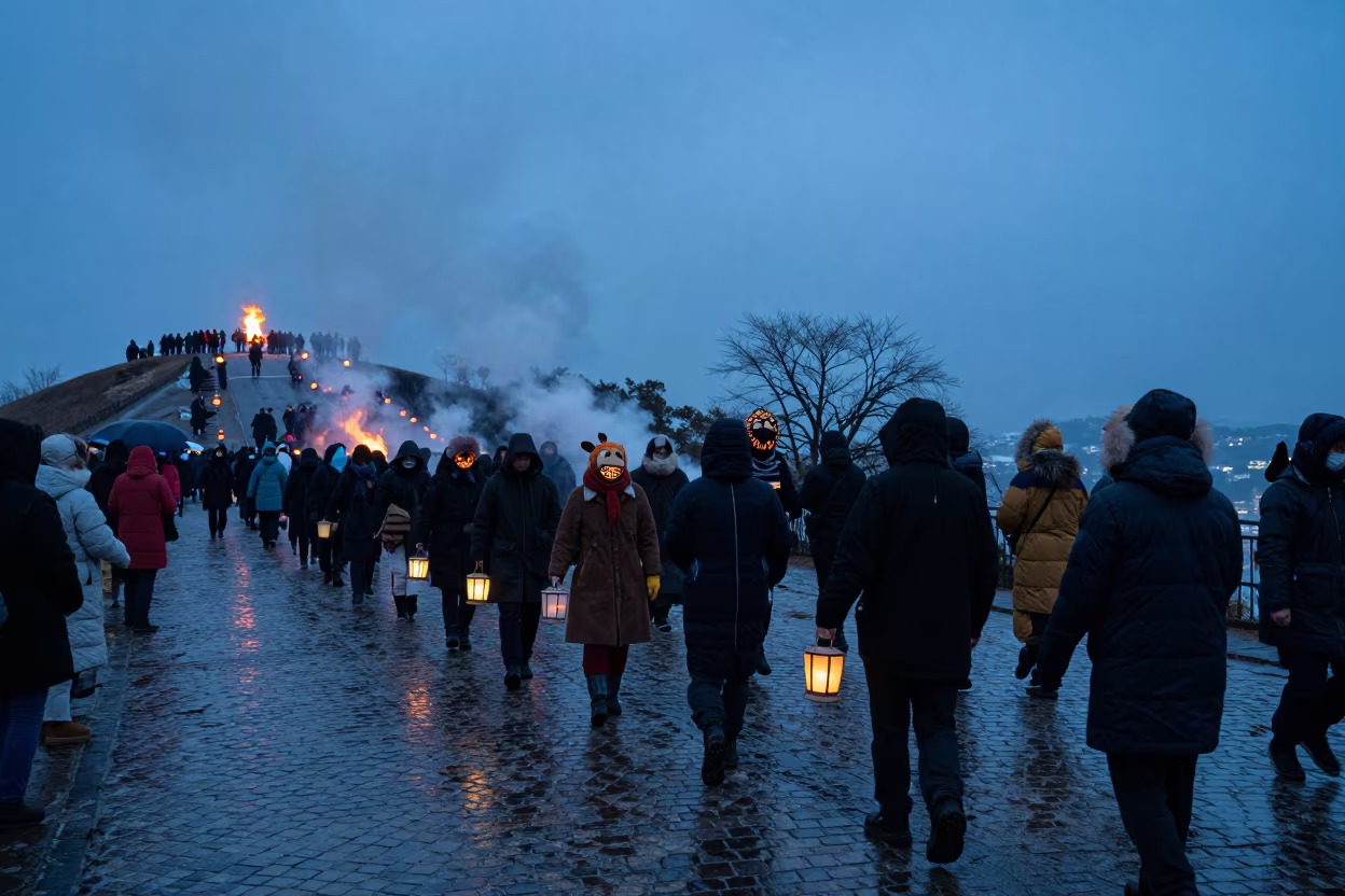 Winter Samhain Fire Festival Osaka Dusk in at a festival street procession in Osaka