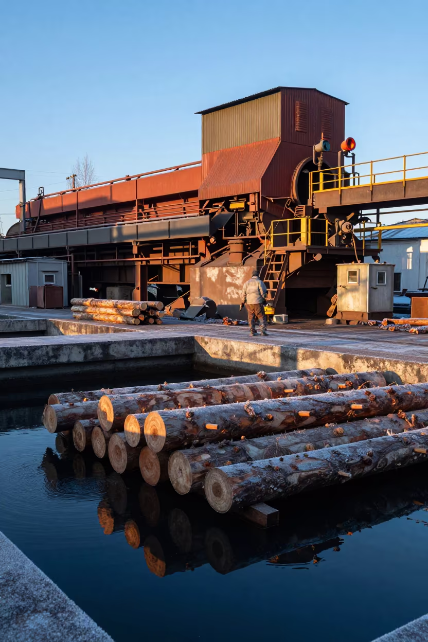 Winter Sawmill Logs in Shadow at Dawn in in a welding bay near Novosibirsk
