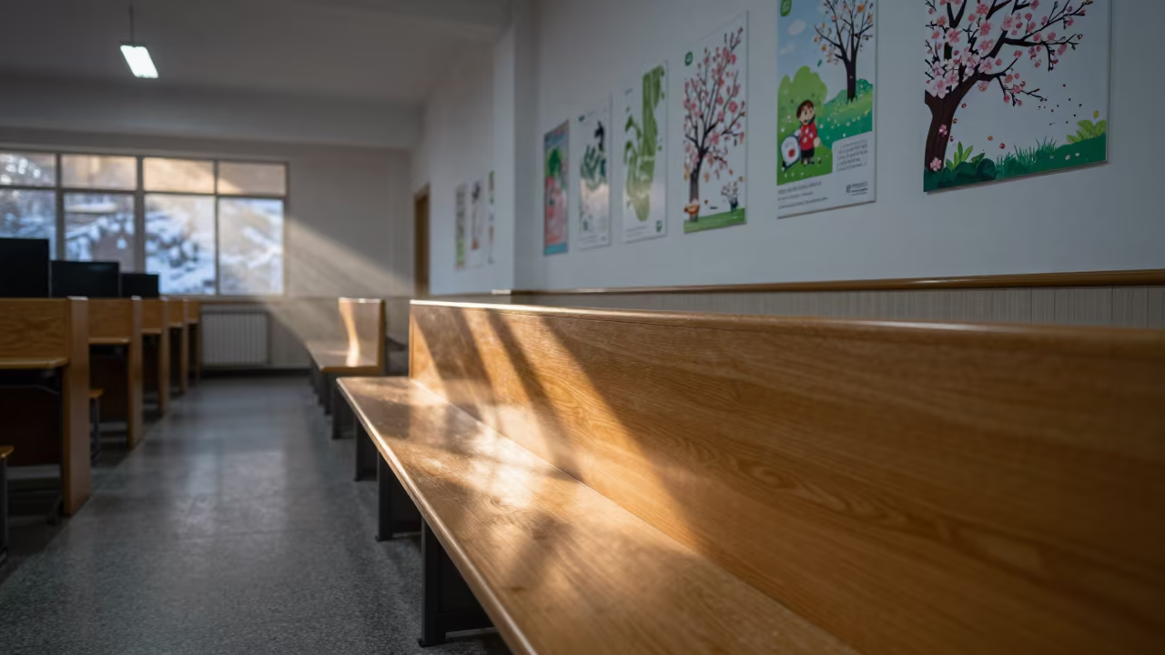 Winter School Bench in Computer Lab in in a computer lab before lessons near Dali