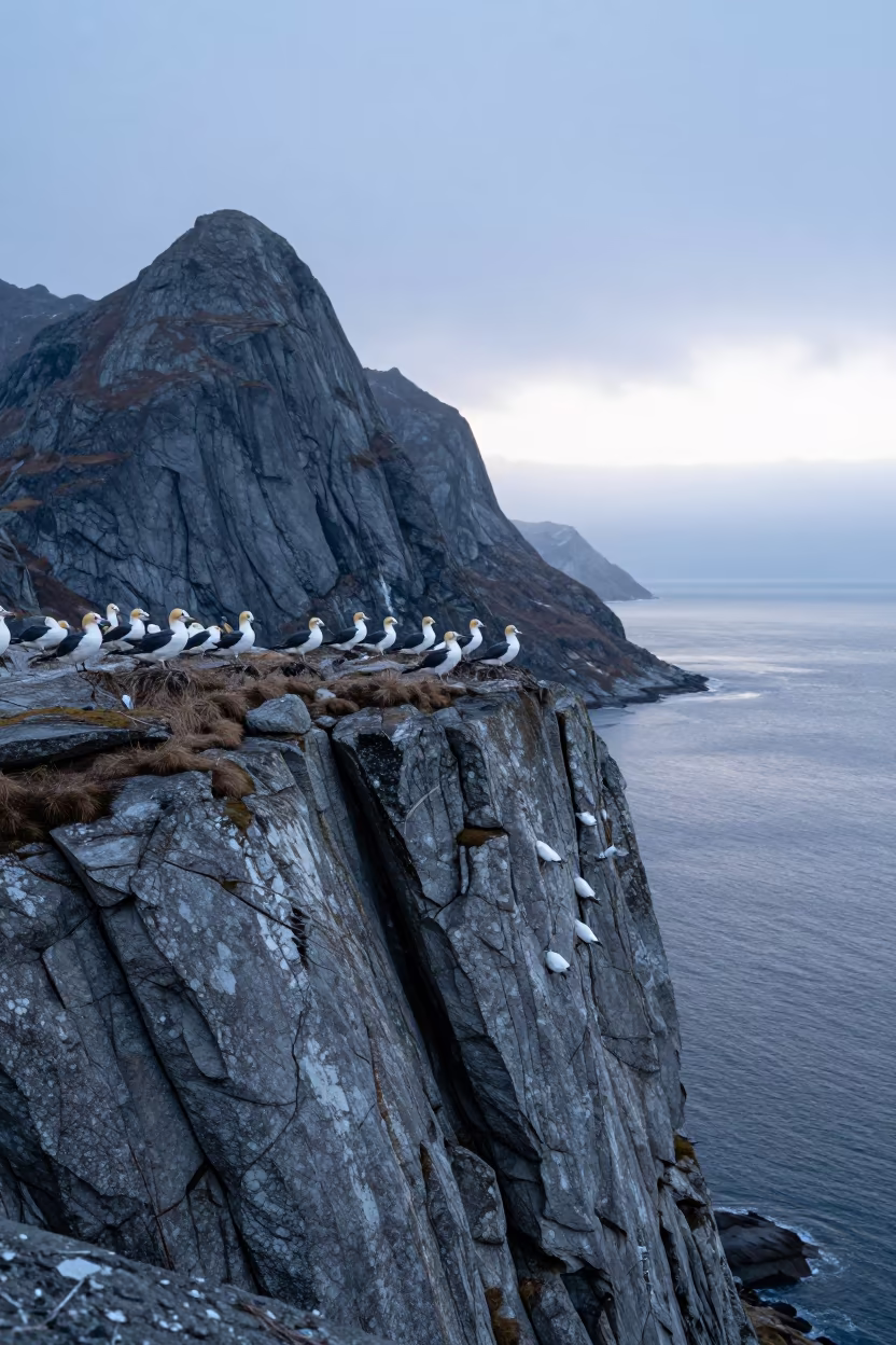 Winter Sea Cliff Birds at Dawn Norway in from a ridge above layered foothills in Norway