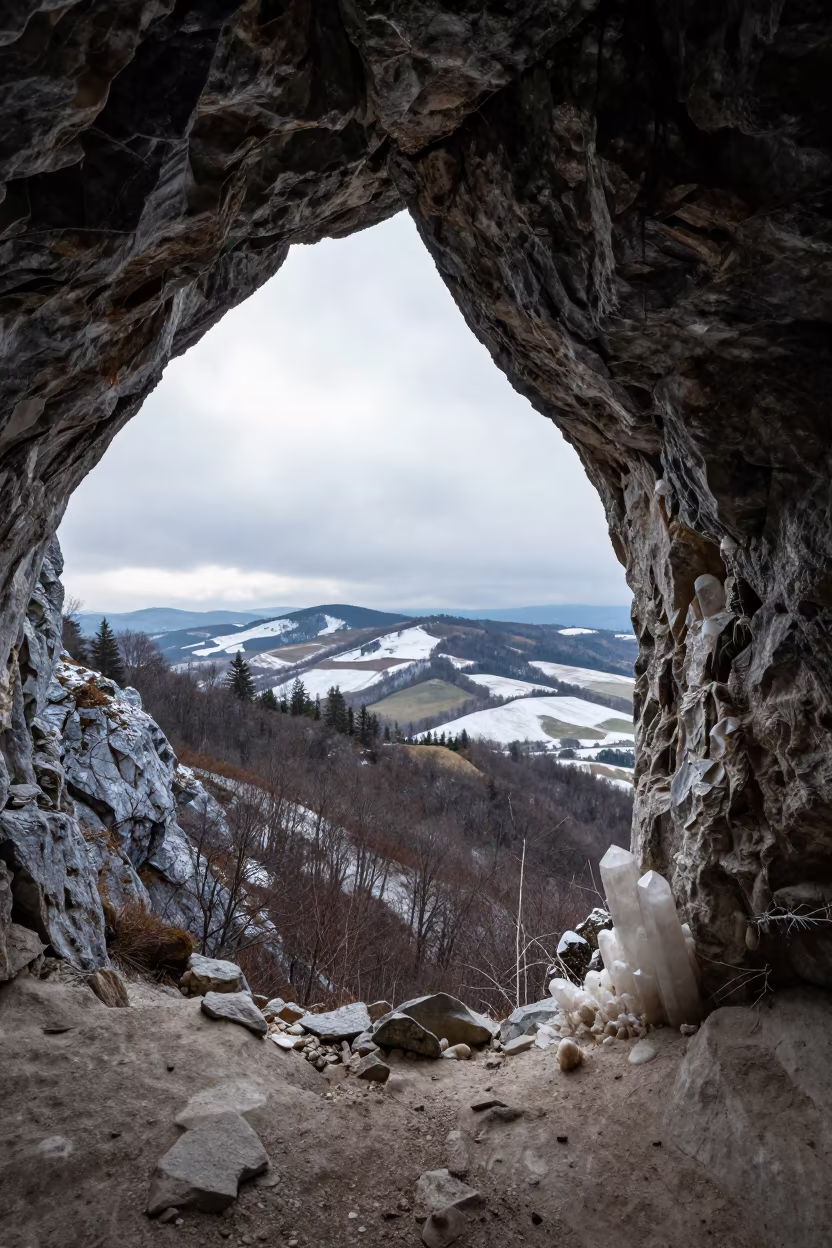 Winter Selenite Cave Silhouette Over Slovenian Foothills in from a ridge above layered foothills in Slovenia
