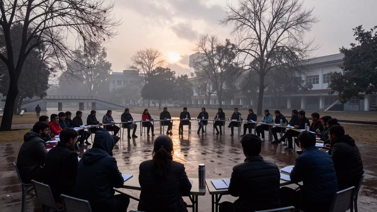 Winter Seminar Circle on Rain-Washed Campus Bridge in across a rain-washed campus courtyard in Ghaziabad