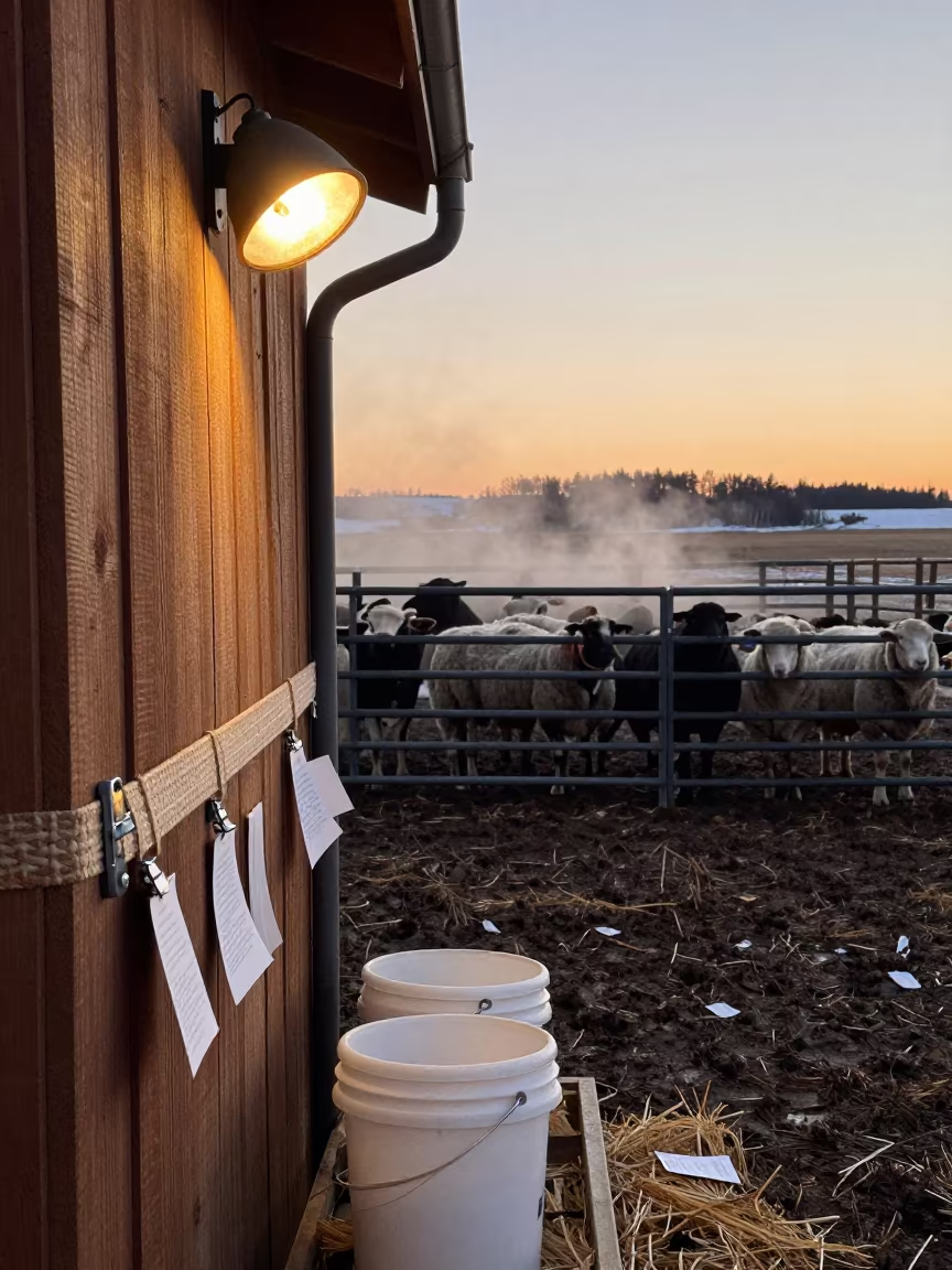 Winter Sheep Draft Panel Hinge in North Dakota Sunset in along a muddy paddock fence in North Dakota