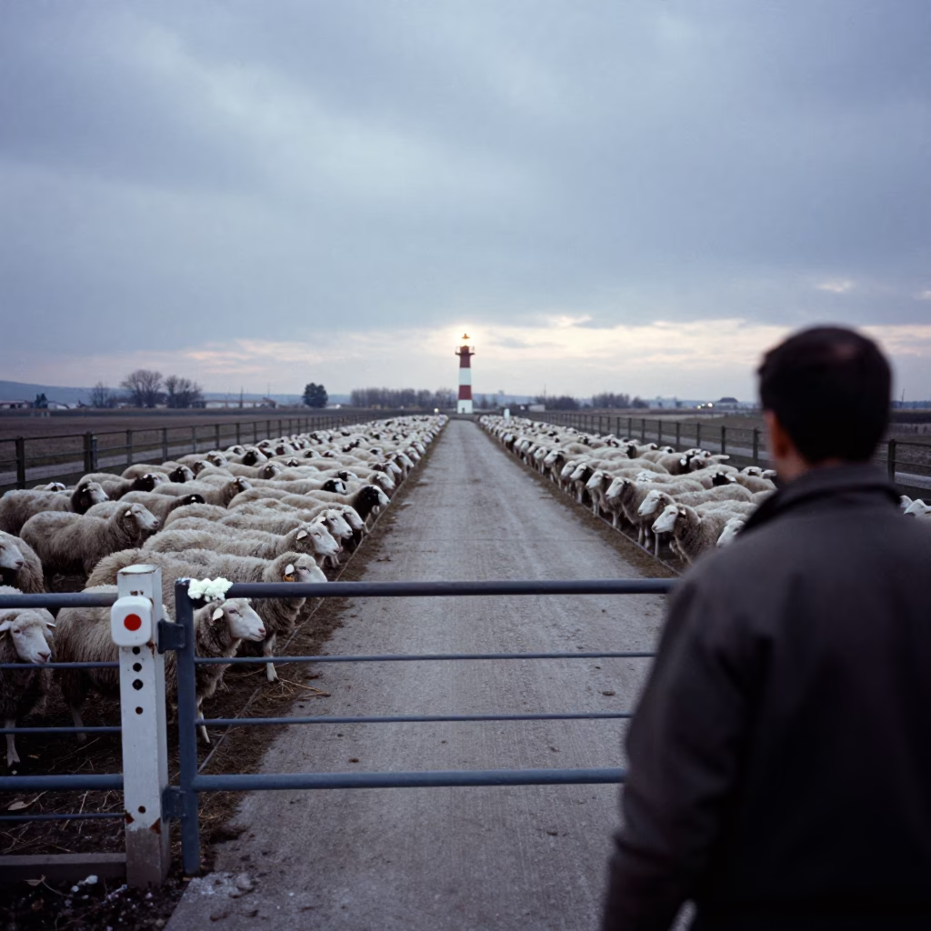 Winter Sheep Sorting Alley Before Dawn in Bosnia in along a feedlot lane in Bosnia and Herzegovina