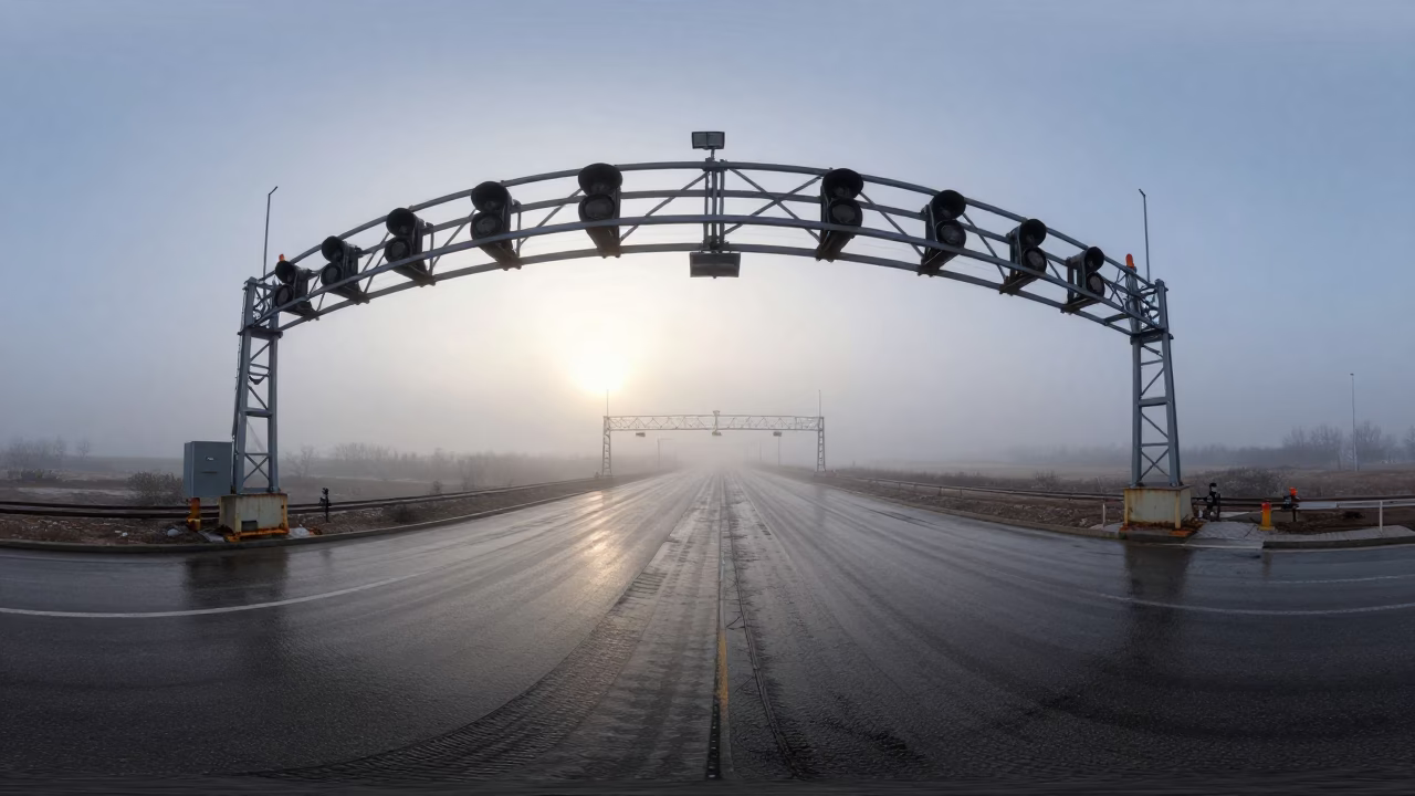 Winter Signal Gantry on Silk Road Overpass in across a windy overpass interchange in the Silk Road