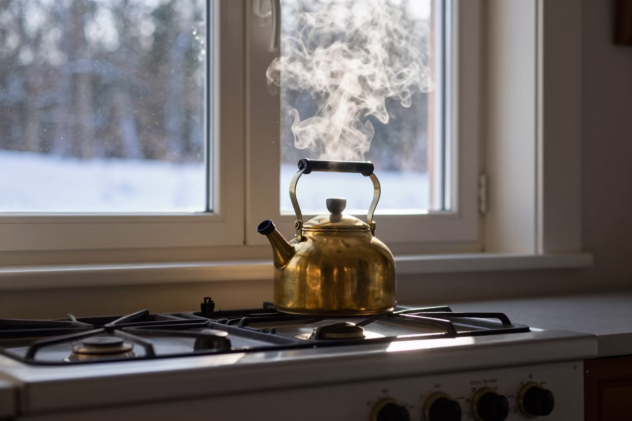 Winter Sky Transition Over Kettle Steam in in a sunlit living room in Rosebank, Johannesburg