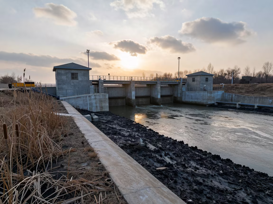 Winter Sluice Gate Winch House Beside Cattails in beside a storm surge barrier in Anhui