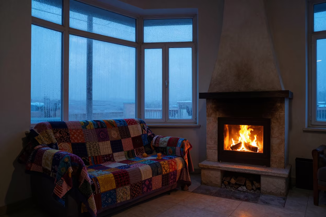 Winter Sofa with Quilt by Kabul Fireplace in by a crackling fireplace in Kabul
