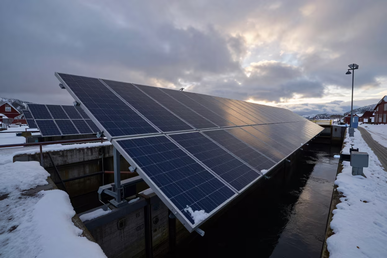 Winter Solar Array at Norway Canal Lock Twilight in at a canal lock chamber in Norway