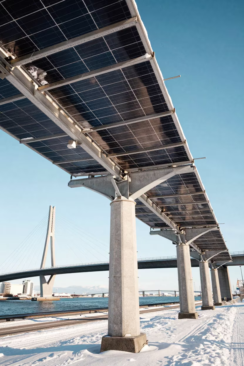 Winter Solar Array Under Reykjavik Bridge in under a cable-stayed bridge span in Laugavegur, Reykjavik