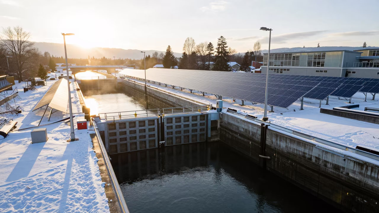 Winter Solar Array at Vancouver Canal Lock in at a canal lock chamber in Vancouver