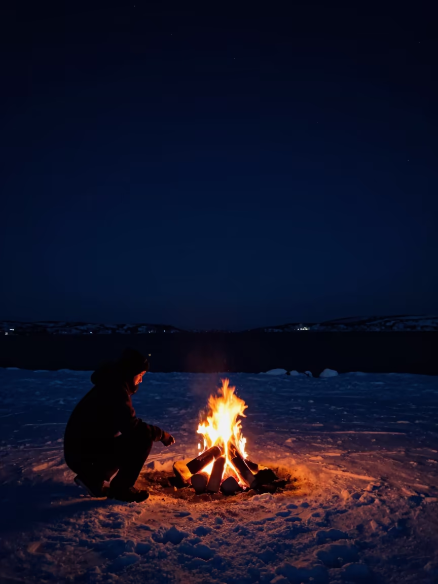 Winter Solstice Bonfire on Swedish Breakwater in from a moonlit breakwater in Sweden