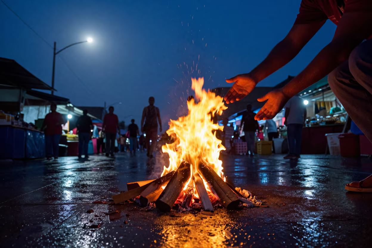 Winter Solstice Bonfire Warmth Predawn Lima Market in under the clearest stretch of sky near Surquillo Market, Lima