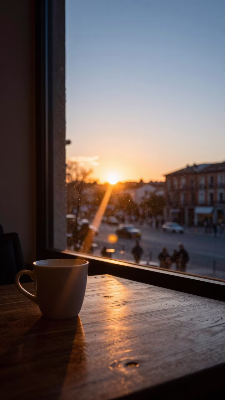 Winter Solstice Sunrise Viewed Through Madrid Cafe Window in on a cafe table by a window in Madrid