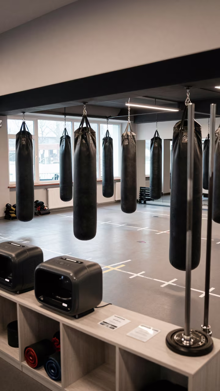 Winter Spin Studio Morning with Punching Bags in inside a spin studio under class lights in Oradea