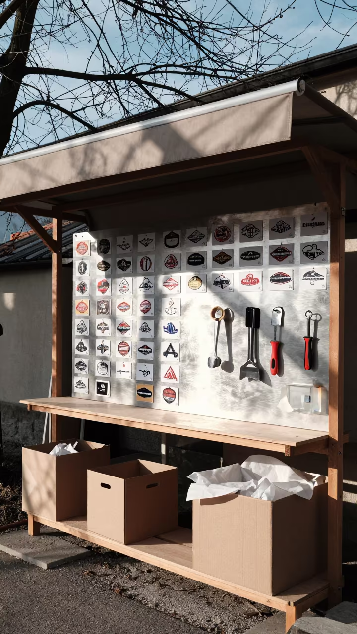 Winter Sports Order Tray Under Dappled Light in beneath a shop awning at blue hour in Trento