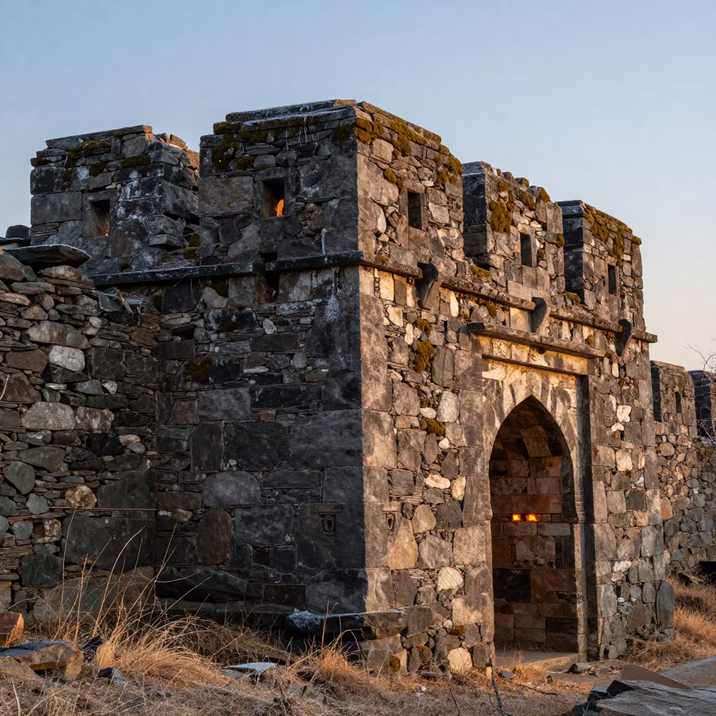 Winter Spray on Ancient Himachal Bastion Ruins in among roofless stone chambers in Himachal Pradesh