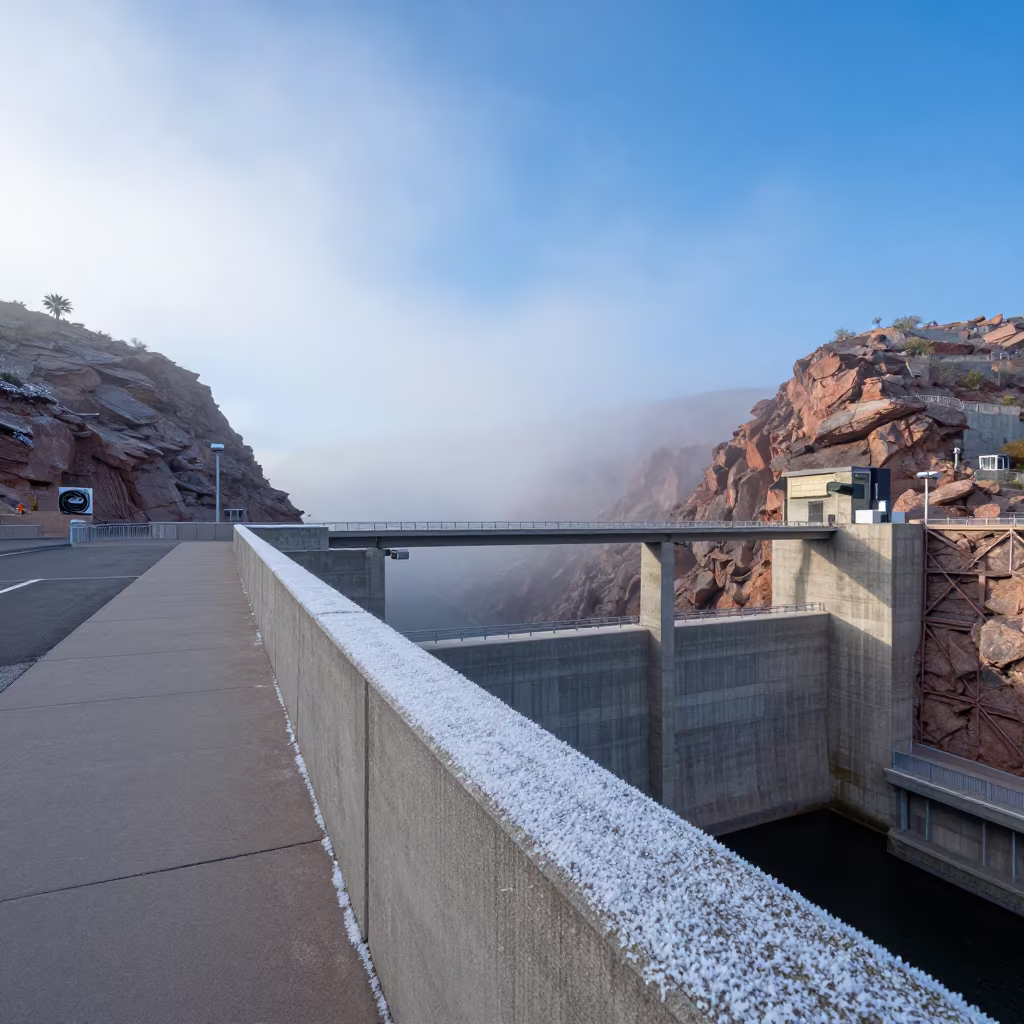 Winter Spray Rimed Walkway Above Canyon Mist in along a dam spillway in Phoenix