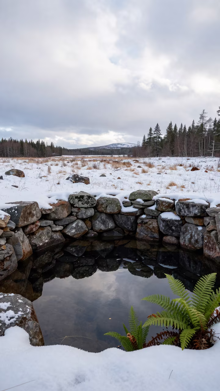 Winter Spring Pool Reflecting Stone Walls in Finnish Meadow in in a bloom-heavy meadow in Finland
