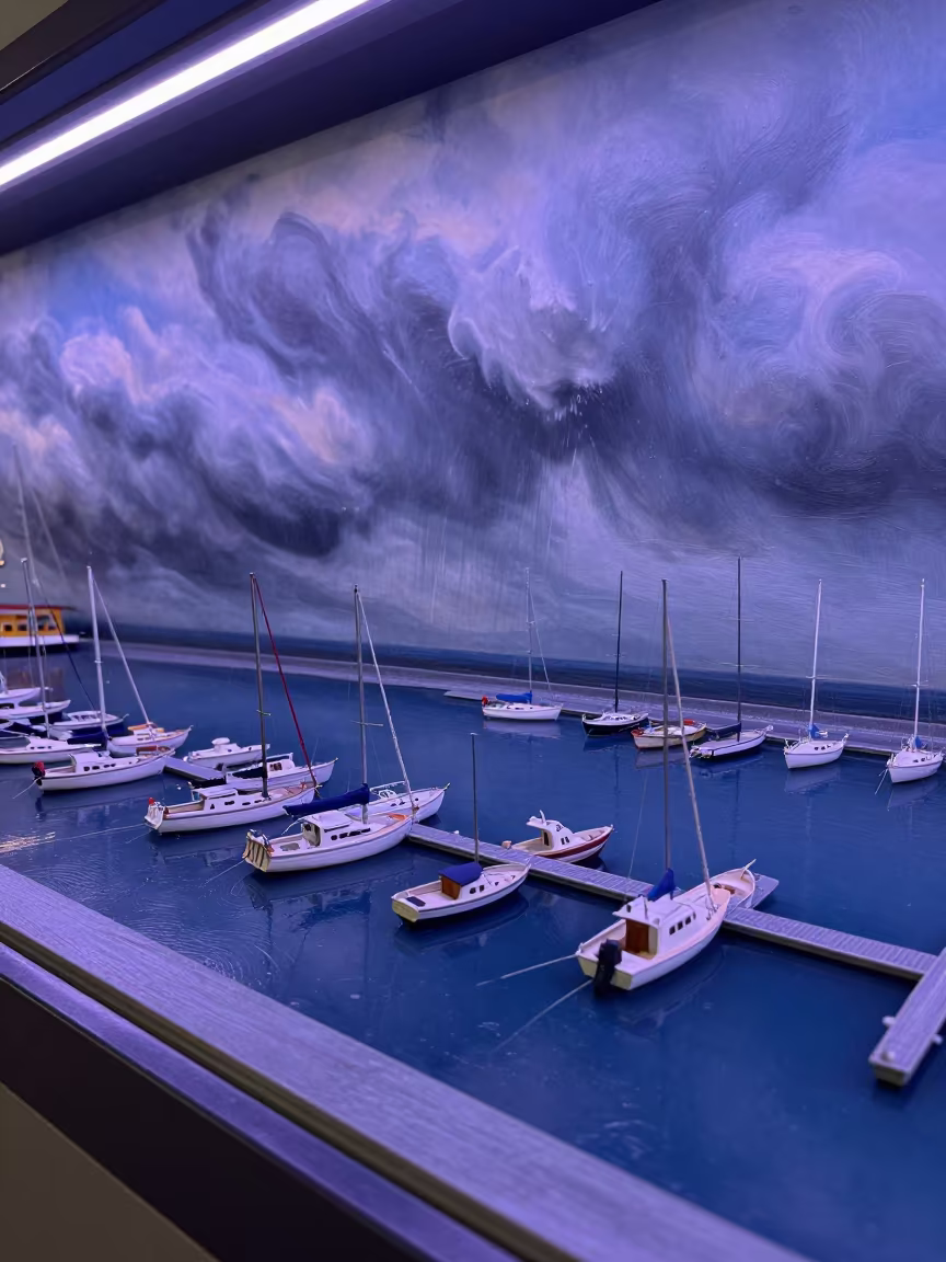 Winter Squall Line Marina Display at Dusk in on a painted display ledge near Yulin, Chengdu