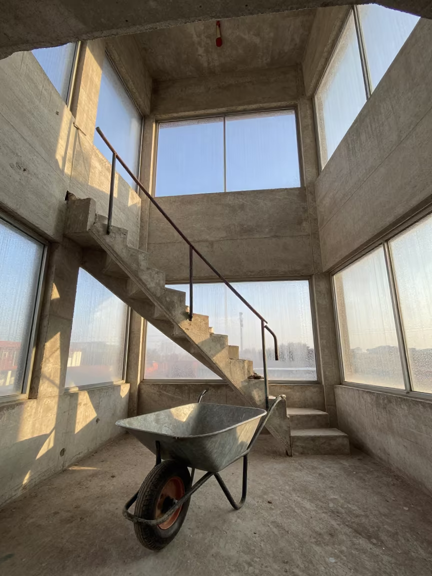 Winter Stair Tower Wheelbarrow Before Renovation in inside a bare shell stair tower in Paraná