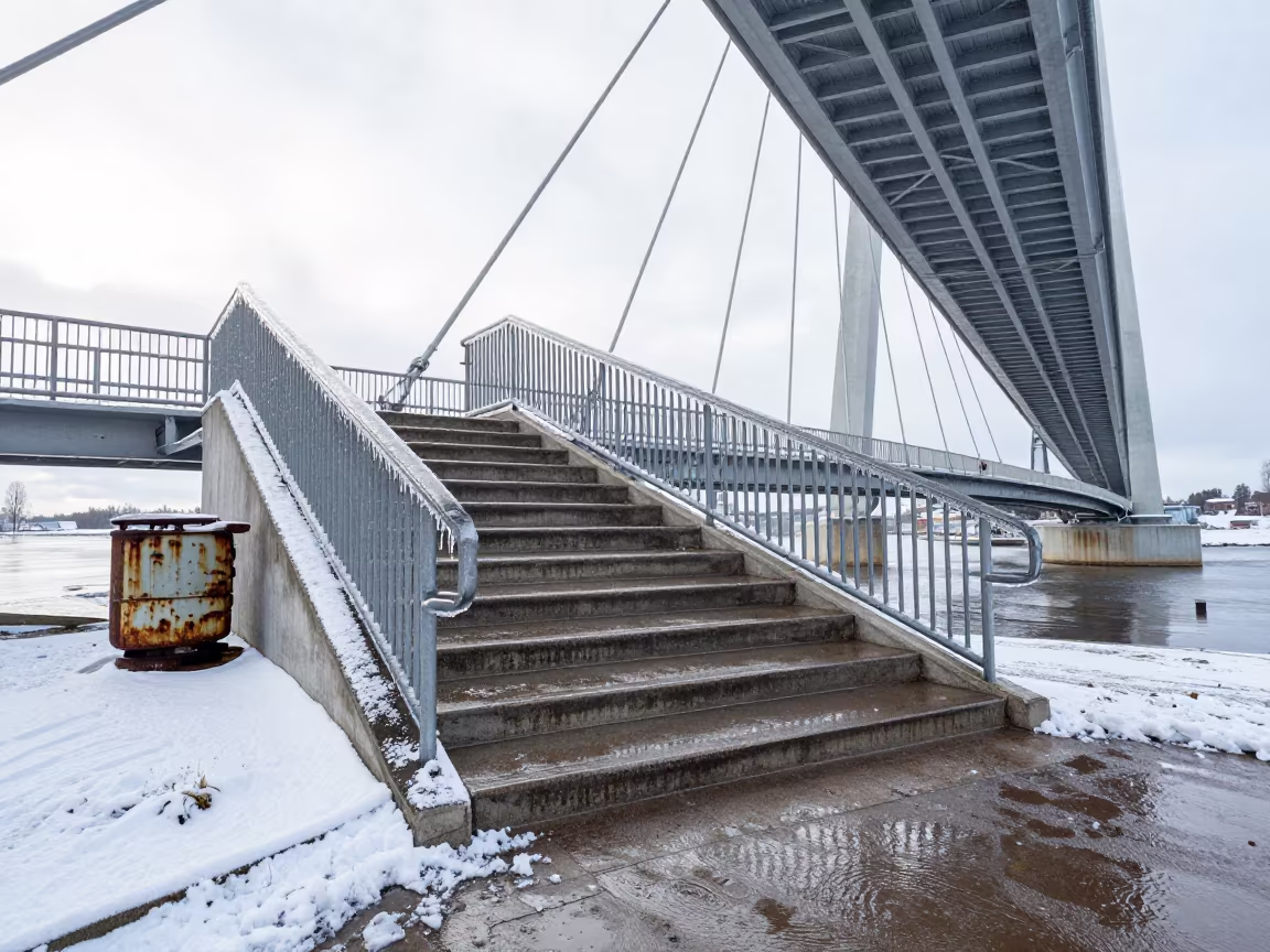 Winter Stairwell Under Swedish Cable Bridge in under a cable-stayed bridge span in Sweden