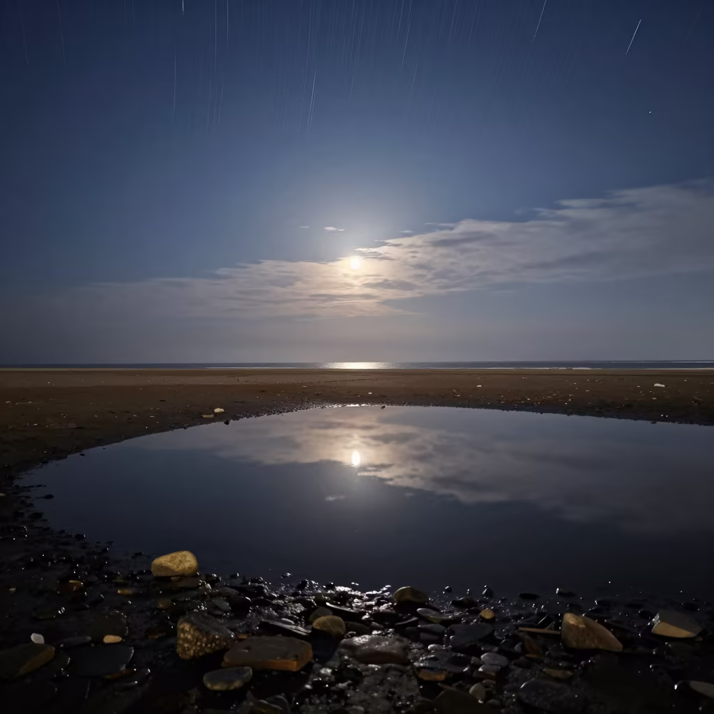 Winter Star Trails Reflected in Murano Tide Pool in beneath thin cloud gaps and stars near Murano, Venice