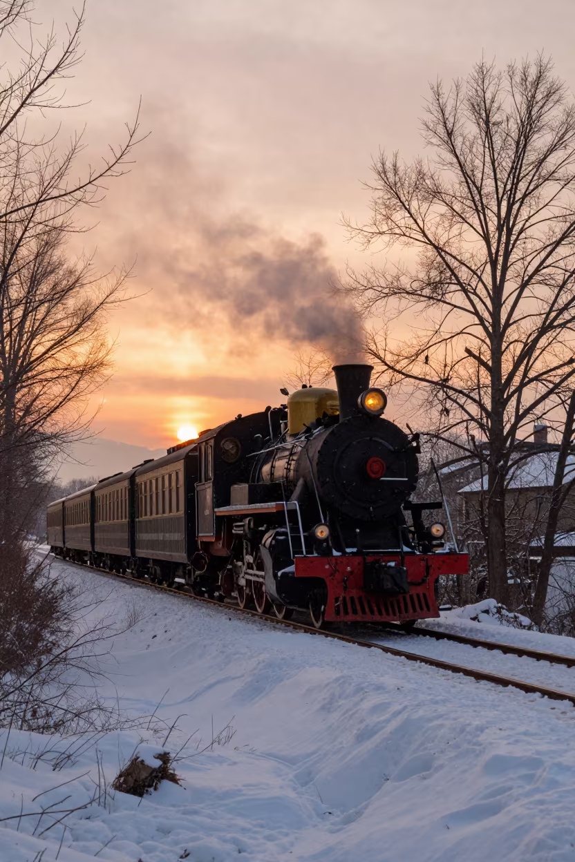 Winter Steam Train Near Nis at Sunset in near Nis