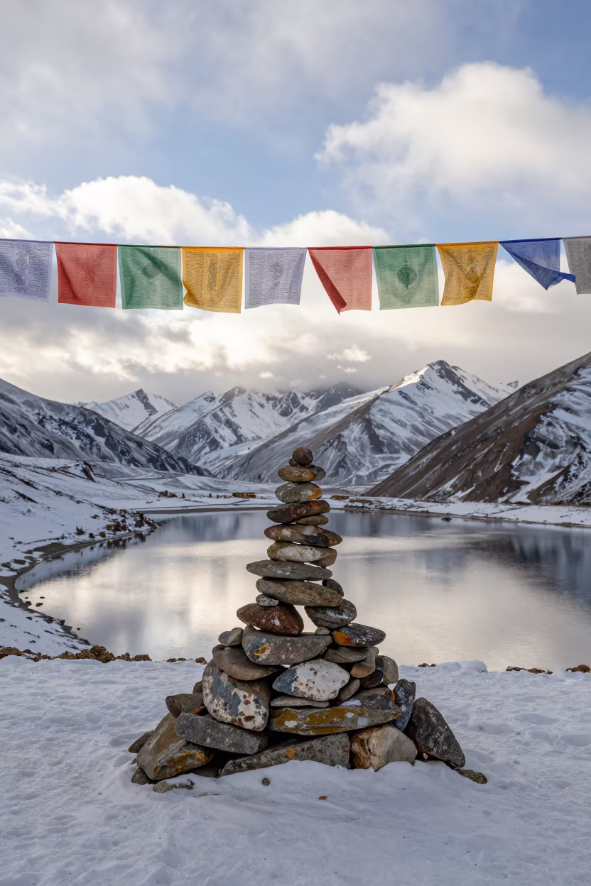 Winter Stone Cairn Leh Mountain Pass Prayer Flags in along a high mountain pass beneath prayer flags near Leh