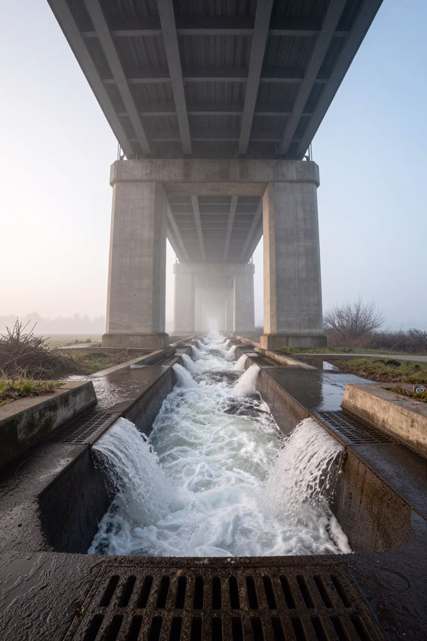 Winter Storm Drain Culvert Under Normandy Viaduct in under a viaduct of steel and concrete in Normandy
