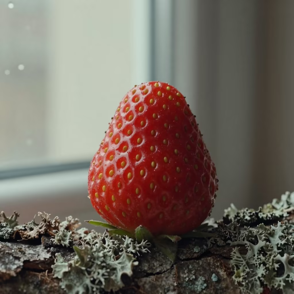 Winter Strawberry Seed Macro on Lichen Bark in on lichen-covered bark in Memphis