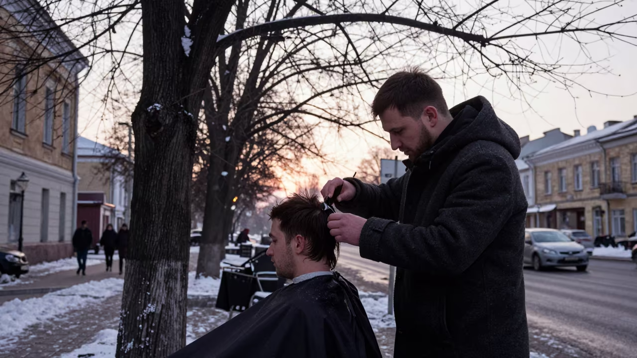 Winter Street Barber Trimming Hair Under Tree in near Kyiv