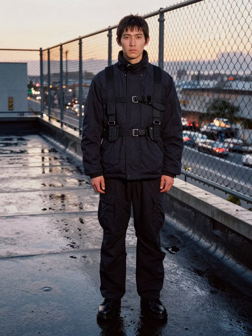 Winter Streetwear Lookbook Rooftop Sendai in on a rooftop above evening traffic near Sendai