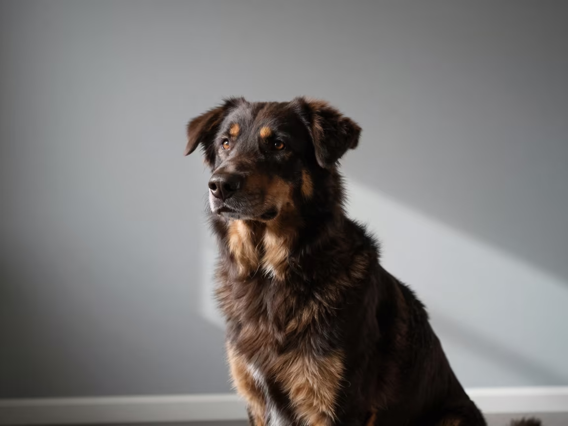 Winter Studio Portrait of an Australian Kelpie in in a quiet portrait studio with a plain backdrop and eye-level framing near Dublin