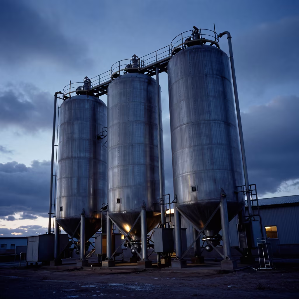 Winter Sugar Refinery Tanks Pampas Evening in beside exposed structural steel in the Pampas
